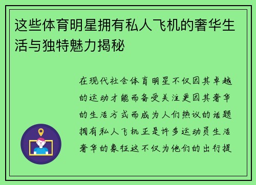 这些体育明星拥有私人飞机的奢华生活与独特魅力揭秘